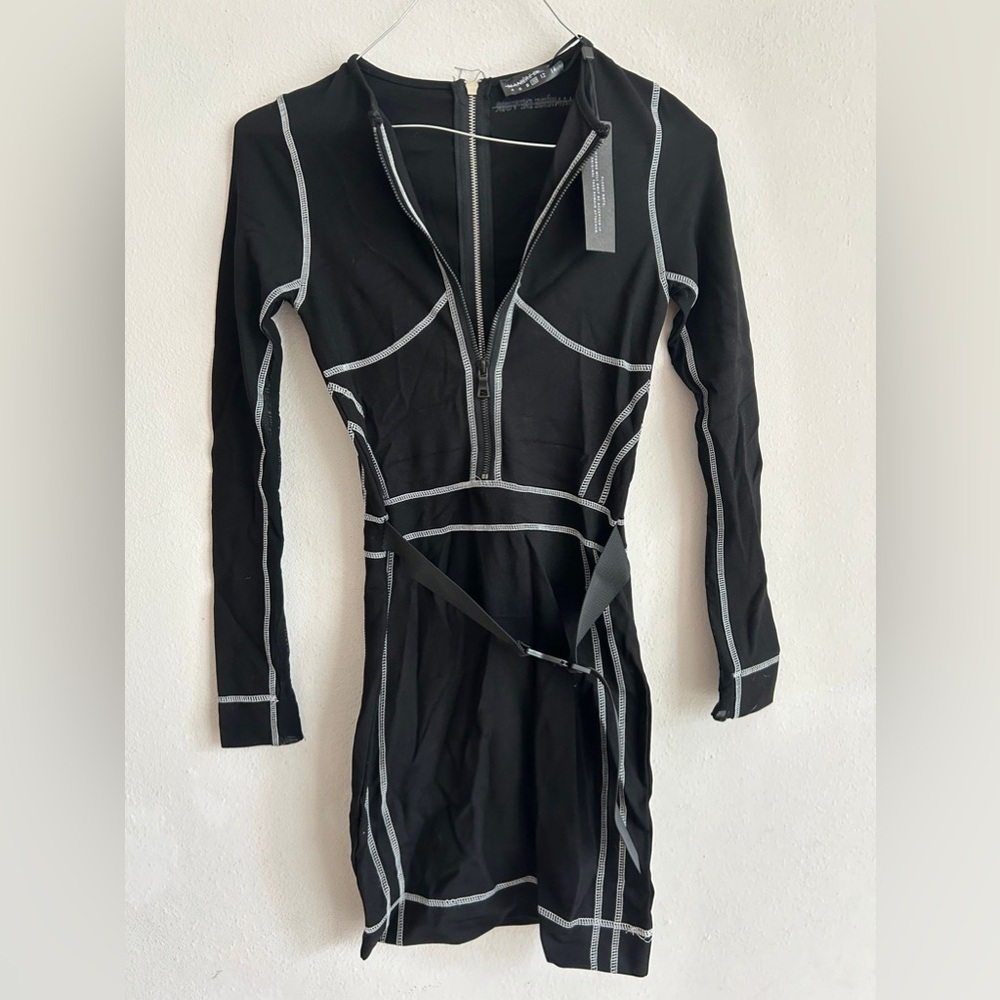 Maniere De Voir Black Mini Dress with White Contrast Stitching